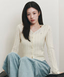 W V-NECK CROCHET KNIT CARDIGAN IN IVORY image 1