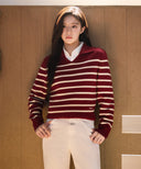 W STRIPE POLO KNIT IN BURGUNDY image 2