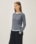 W RINGER STRIPE LONG SLEEVE TEE IN NAVY image 2