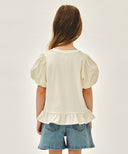 KIDS W BALLOON SLEEVE PEPLUM TEE IN CREAM image 3