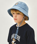 KIDS BEAR EMBROIDERY ROUND BUCKET HAT IN LIGHT BLUE image 6