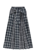 MIXED CHECK SLEEVE TIE FLARE SKIRT IN NAVY image 1