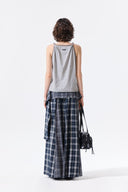 MIXED CHECK SLEEVE TIE FLARE SKIRT IN NAVY image 8