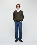 SMALL CLASSIC LOGO OVERSIZED V-NECK KNIT PULLOVER IN DARK BROWN