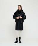 W LEATHER HOODED DOWN JACKET IN BLACK