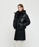 W LEATHER HOODED DOWN JACKET IN BLACK