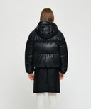 W LEATHER HOODED DOWN JACKET IN BLACK