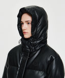 W LEATHER HOODED DOWN JACKET IN BLACK