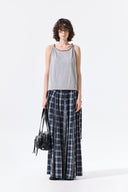 MIXED CHECK SLEEVE TIE FLARE SKIRT IN NAVY image 6