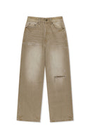 BACK LOGO WASHED DENIM PANTS IN BEIGE image 1