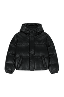W LEATHER HOODED DOWN JACKET IN BLACK