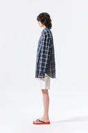 MIXED CHECK OVER FIT SHIRT IN NAVY image 8